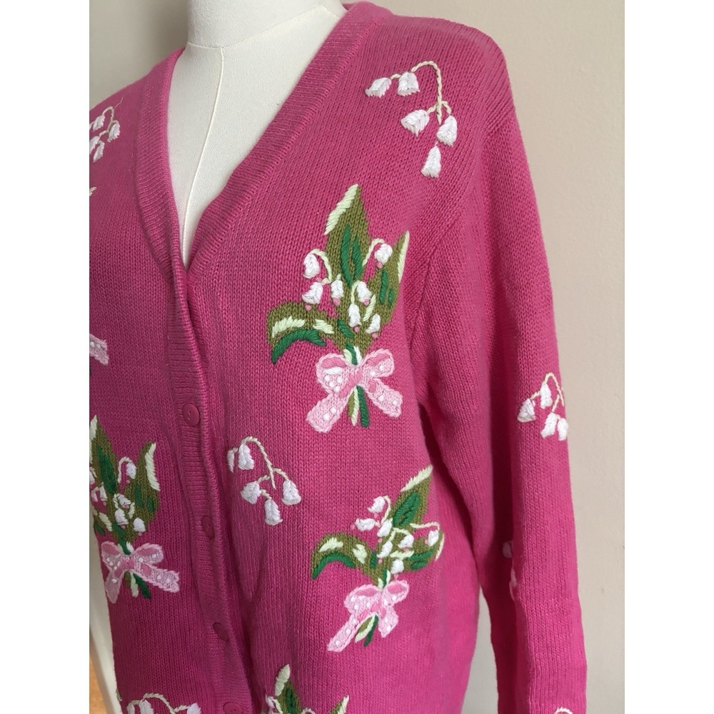 VTG 90s Spring Wild Flowers Embroidered Cotton‎ Cardigan Medium Pink Cottage - Picture 3 of 6